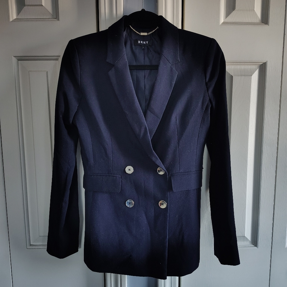 DKNY Women's Dark Blue Double-Breasted Blazer Size 0